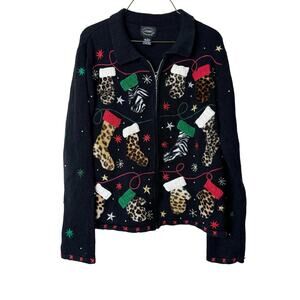 Designers Studio VINTAGE animal fur mitten christmas holiday‎ cardigan MEDIUM
